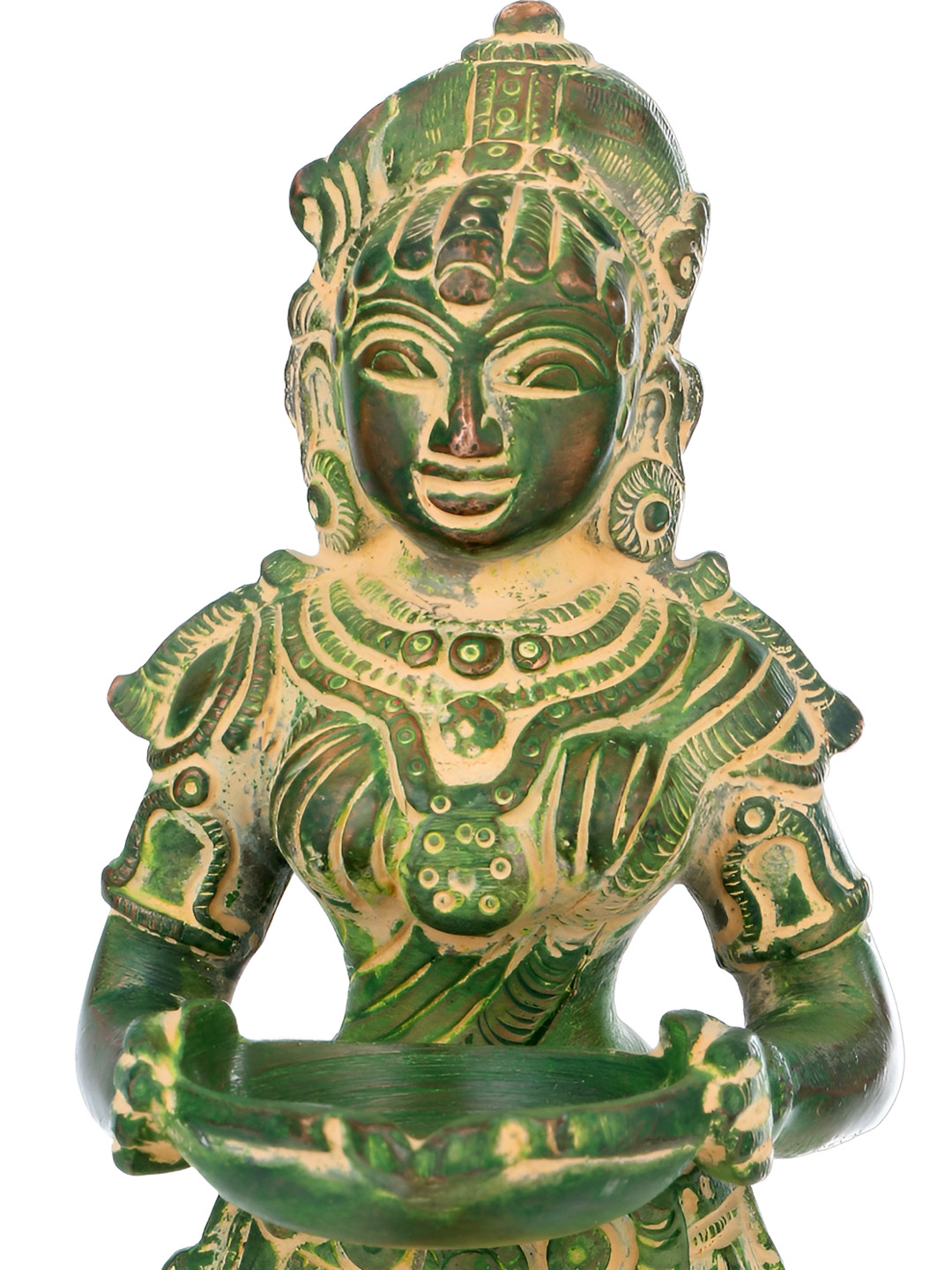 Exotic India Deeplakshmi Green Brass Metallic Prayer Room Hand Made Medium Showpiece - 12 Inches