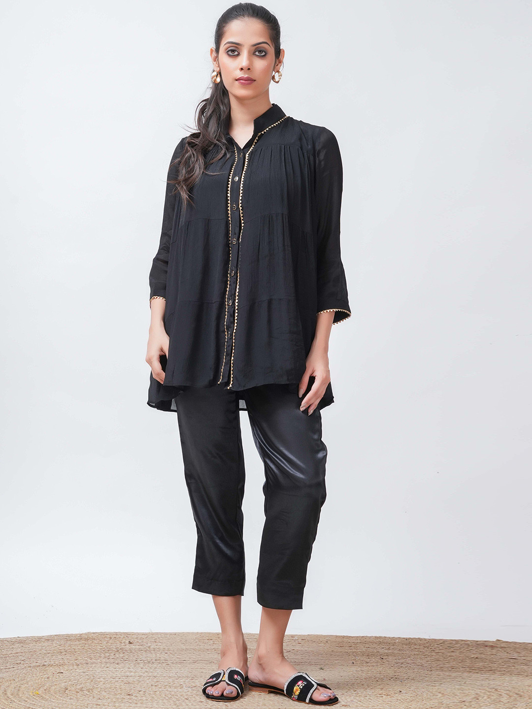 Salvia Sky Gotta Patti Mandarin Collar A-Line Kurti With Trousers