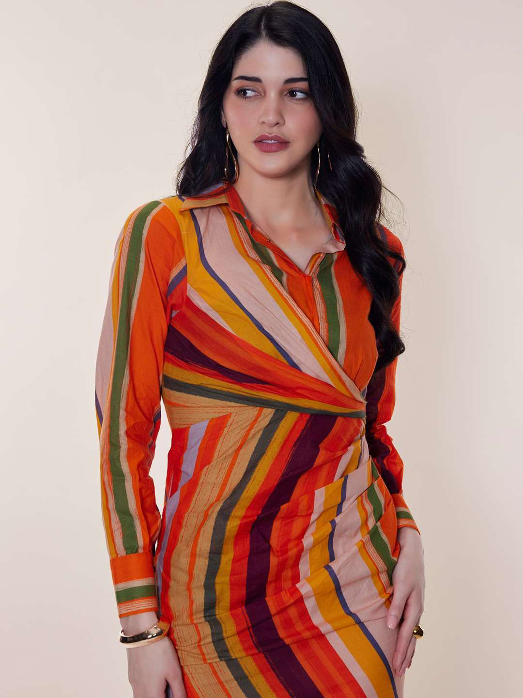 POPPI Striped Sheath Midi Shirt Wrap Dress