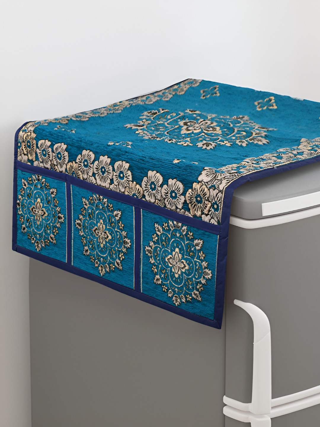 LooMantha Blue & Beige Printed Cotton Fridge Cover