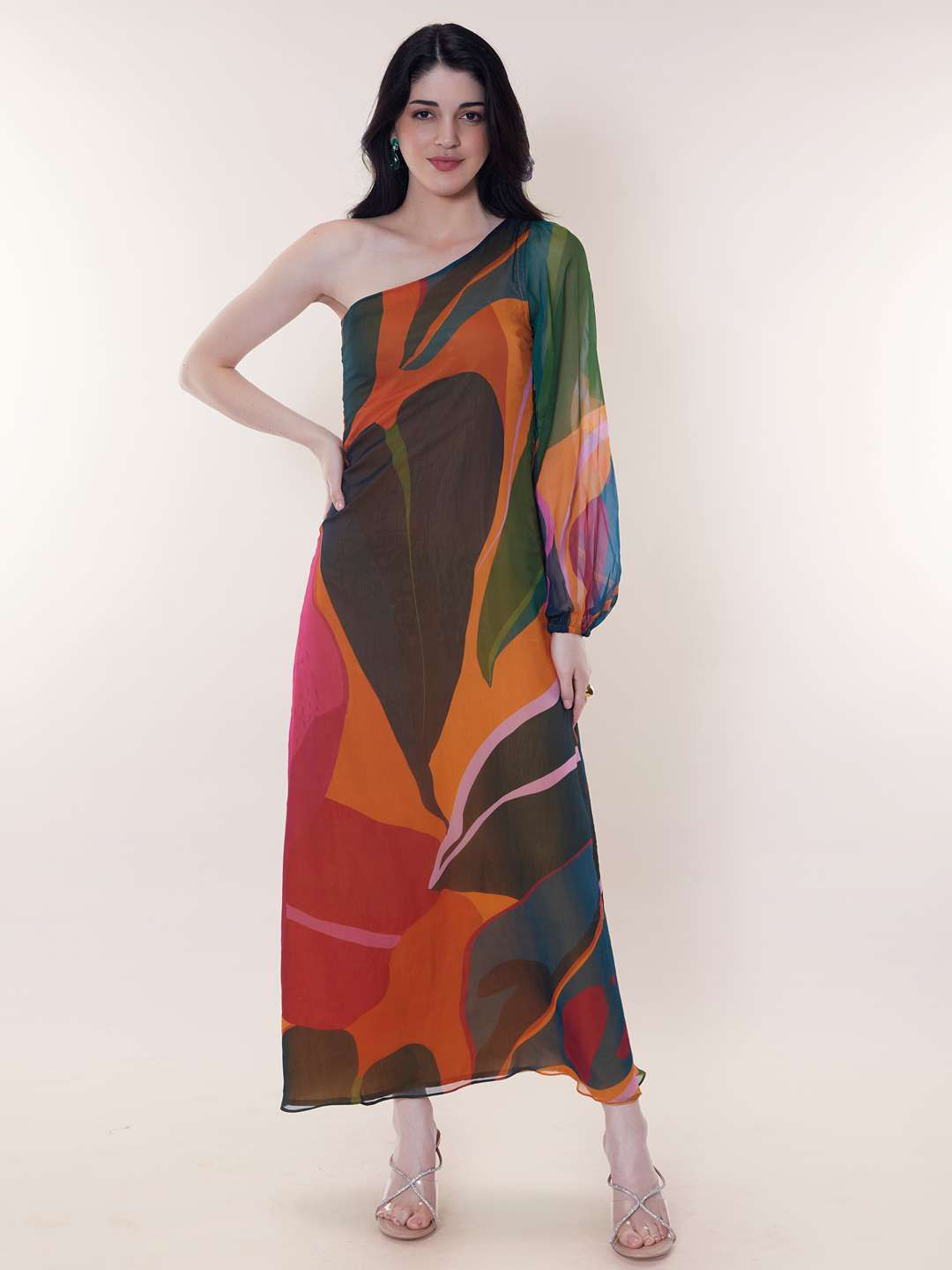 POPPI Print One Shoulder Puff Sleeve Chiffon Maxi Dress