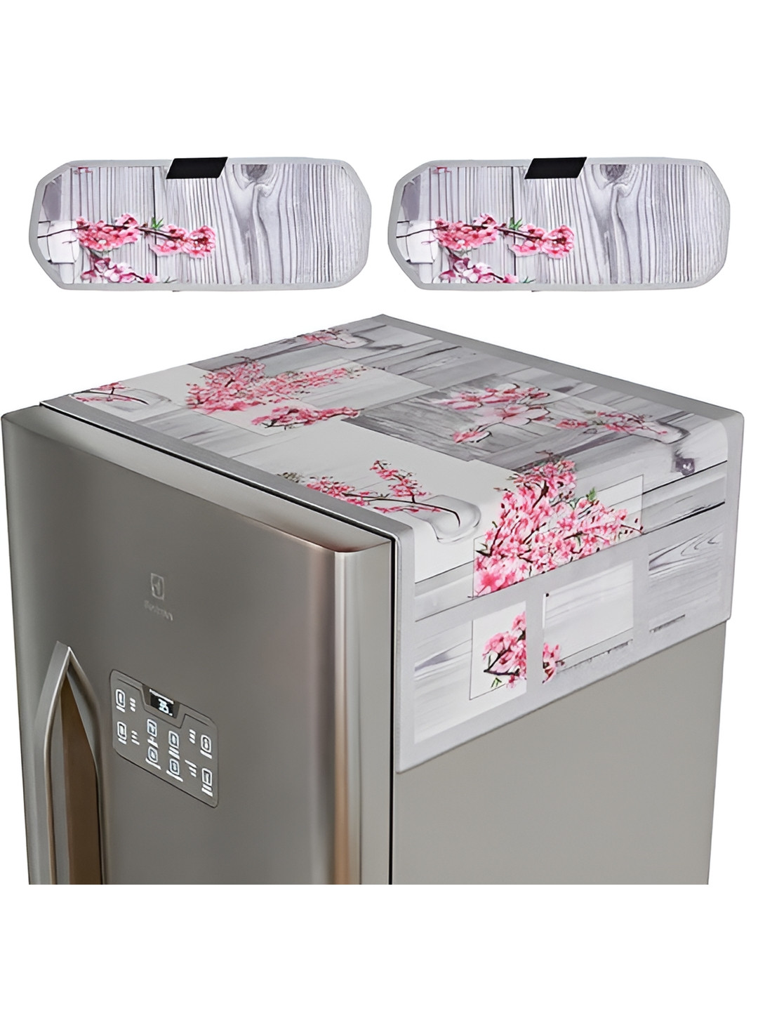 LooMantha Grey & Pink 3 Pieces Printed Fridge Top Cover With Handles