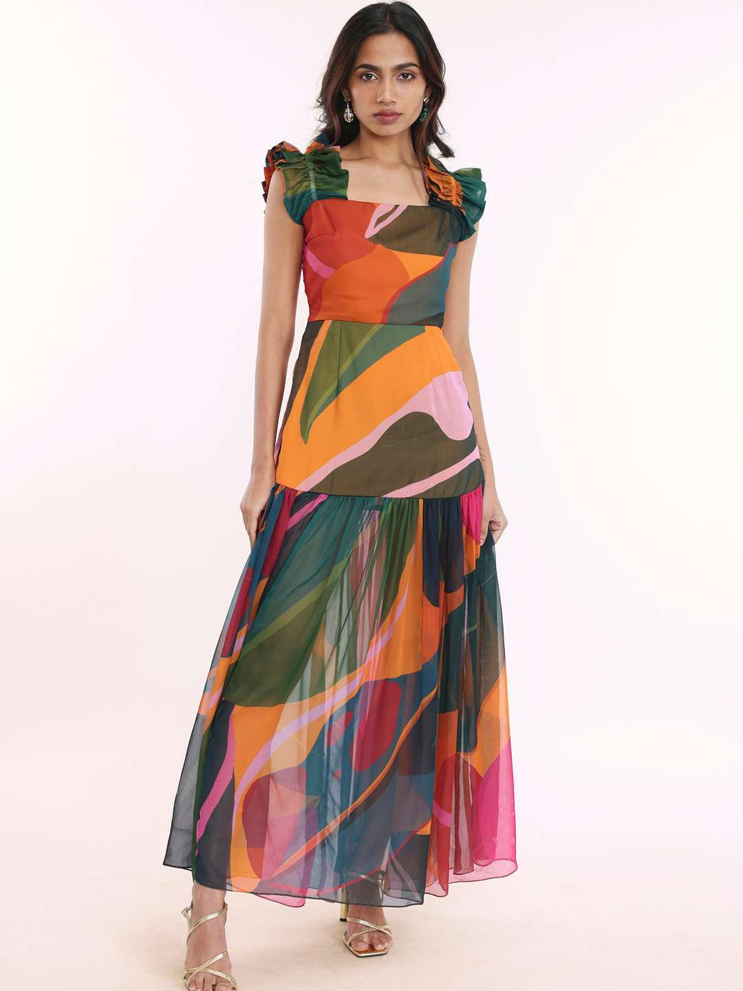 POPPI Print Chiffon Fit & Flare Maxi Dress