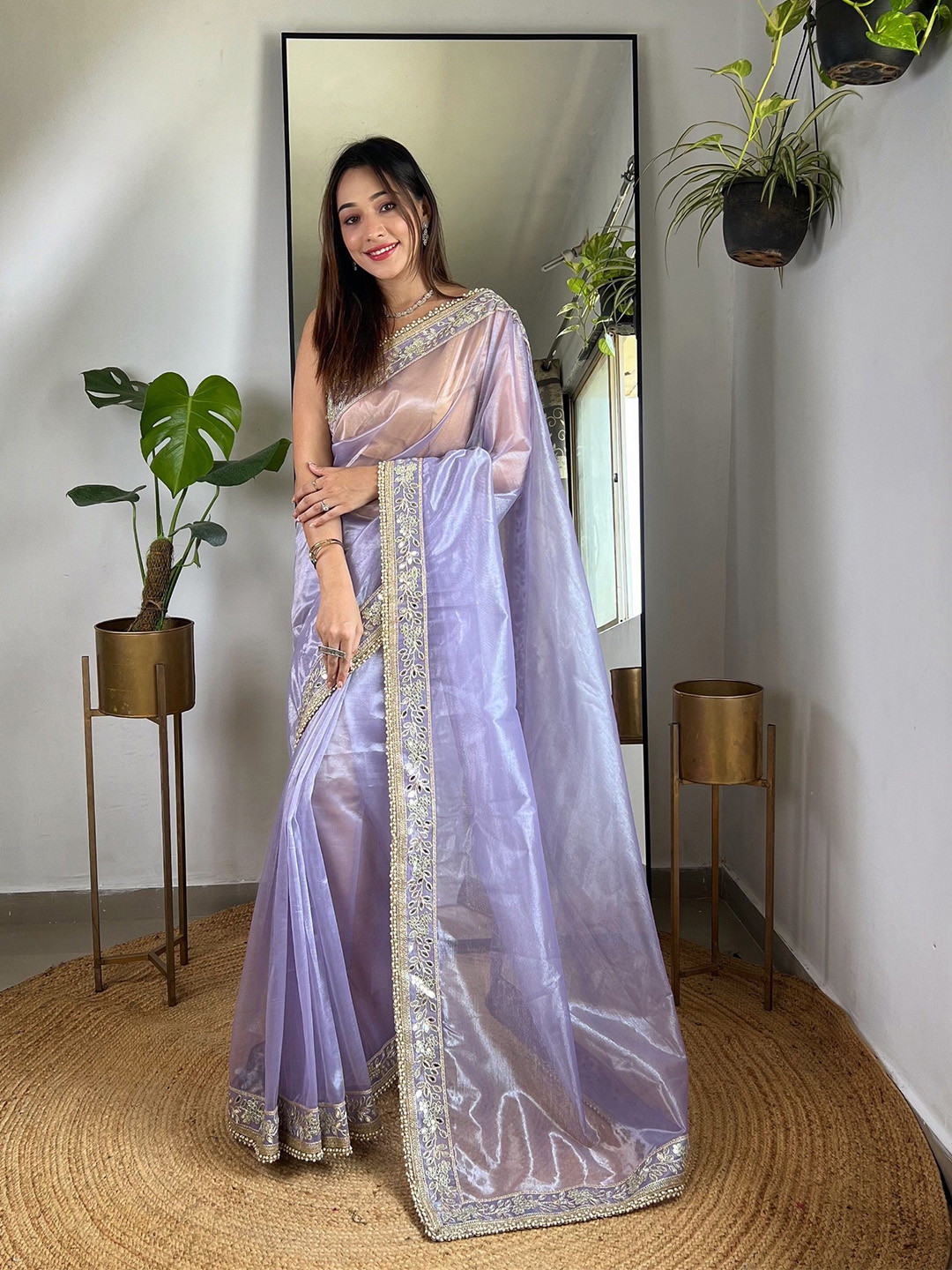 RV CREATION Solid Mirror Work Net Saree