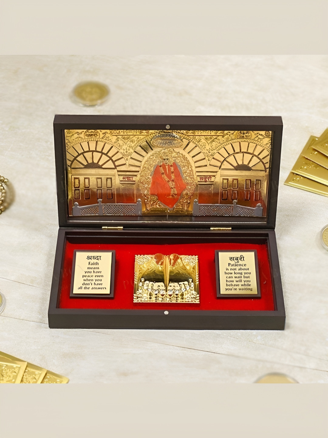 INTERNATIONAL GIFT Gold Toned & Red Metal Charan Paduka Box