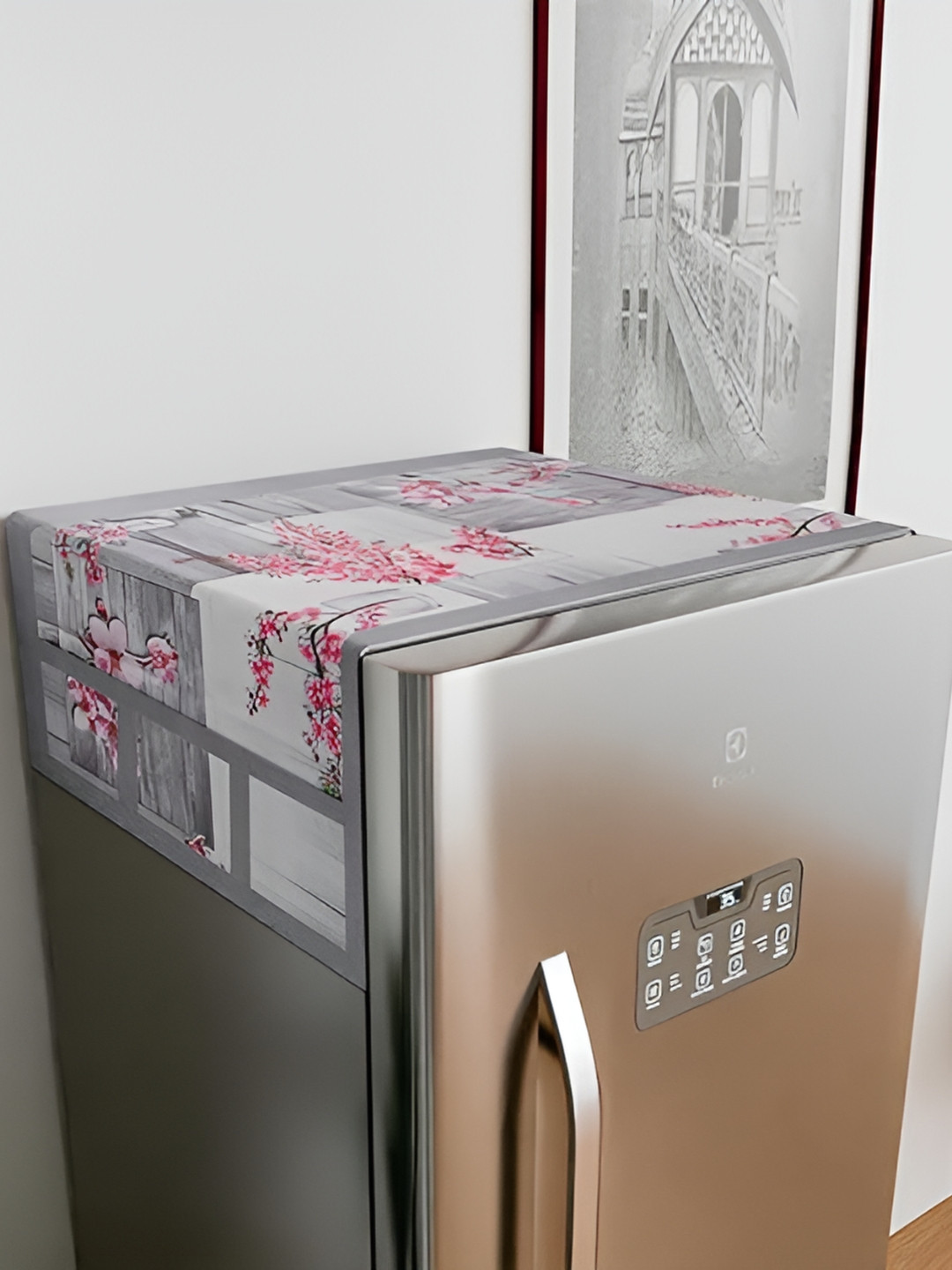 LooMantha Grey & Pink Printed Fridge Top Cover