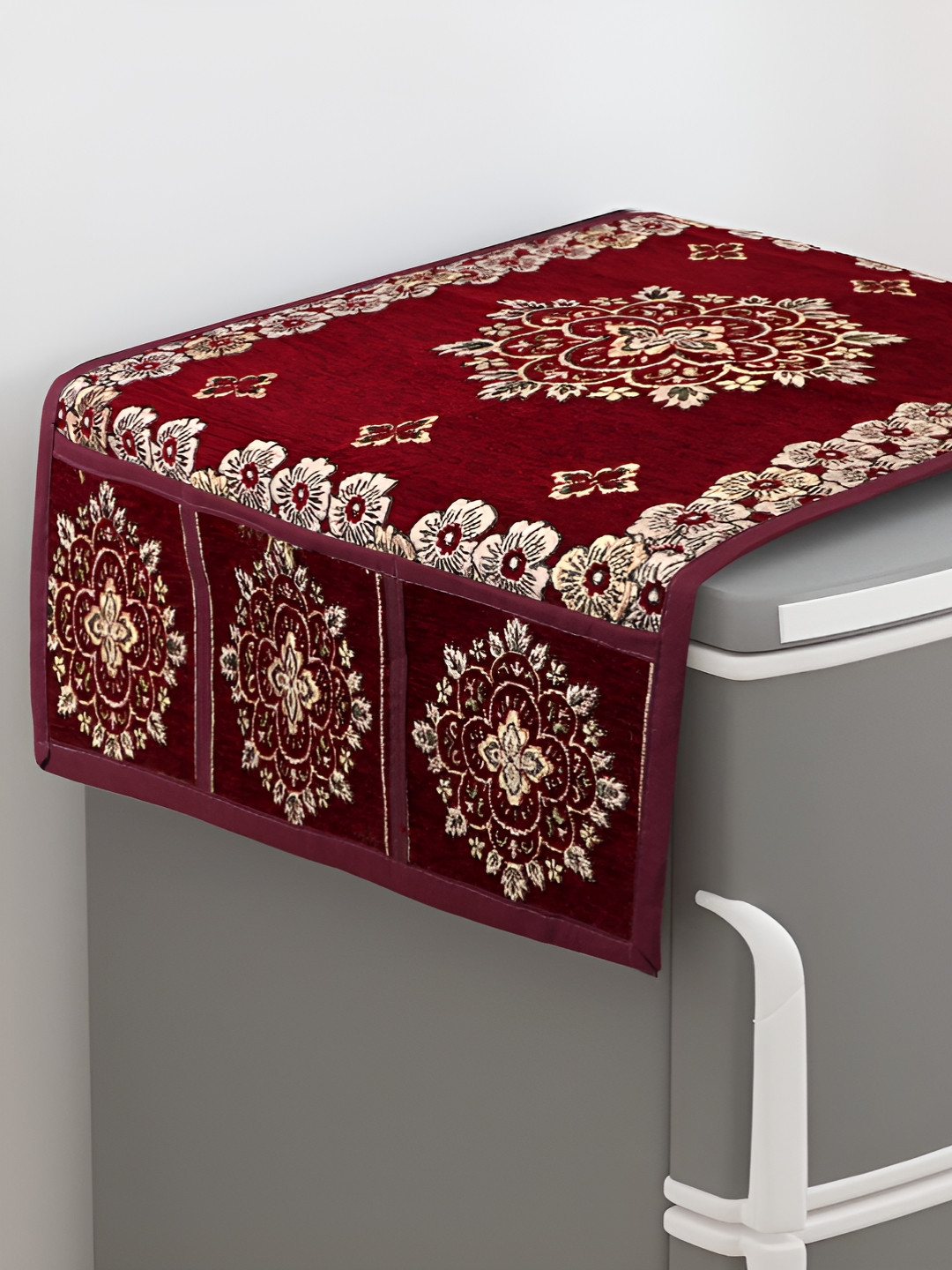 LooMantha Maroon & Gold-Toned Printed Cotton Refrigerator Covers
