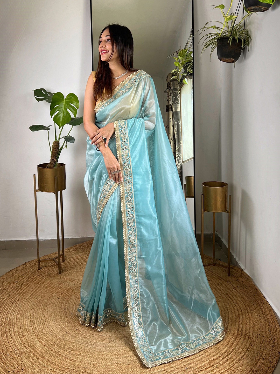RV CREATION Mirror Work Net Saree