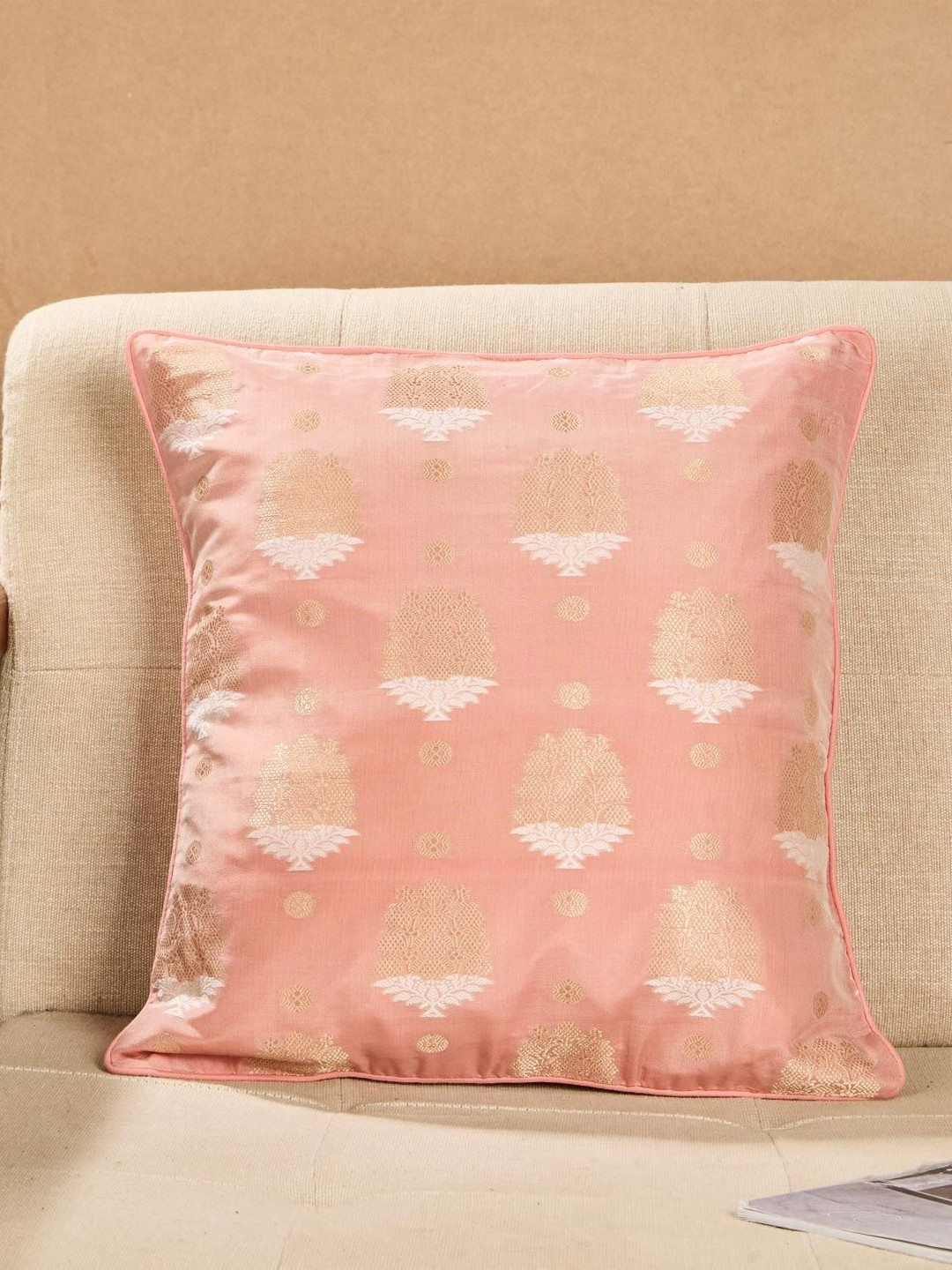 Fabindia Kashi  Pink & Gold-Toned Ethnic Motifs Woven Design Square Cushion Cover