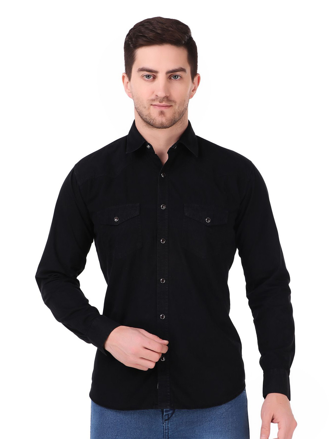 DESIGN UP Men Classic Spread Collar Solid Denim Slim Fit Casual Shirt