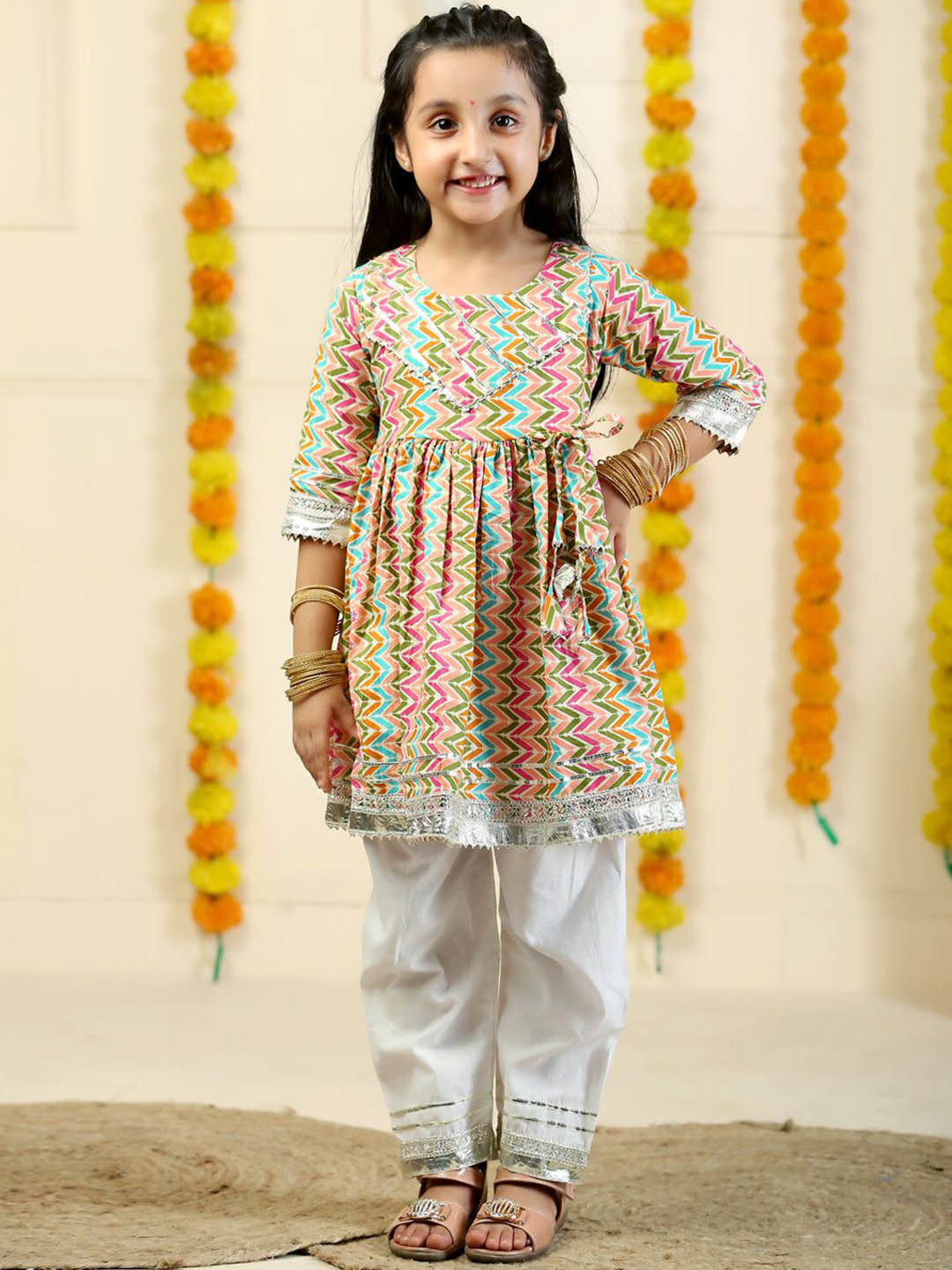 The Mom Store Girls Chevron Printed Gotta Patti Pure Cotton Anarkali Kurti With Pyjamas