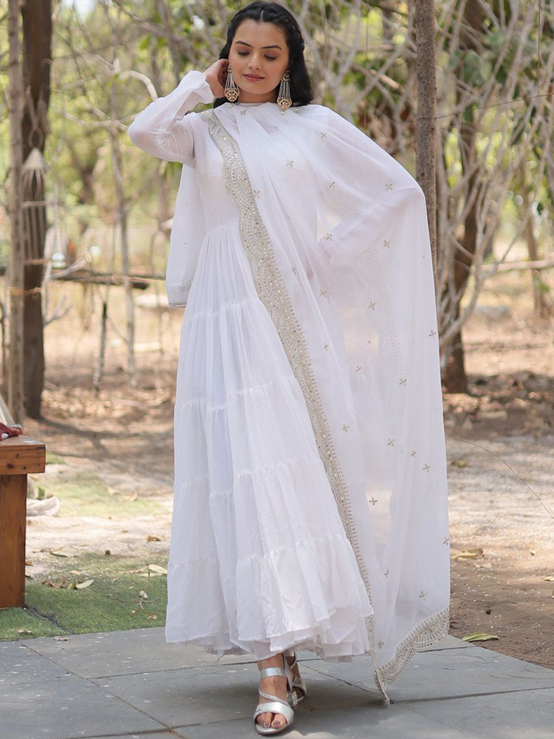 Ethnic Yard Solid Round Neck Mirror Work Georgette Kurta & Pyjamas With Dupatta Set