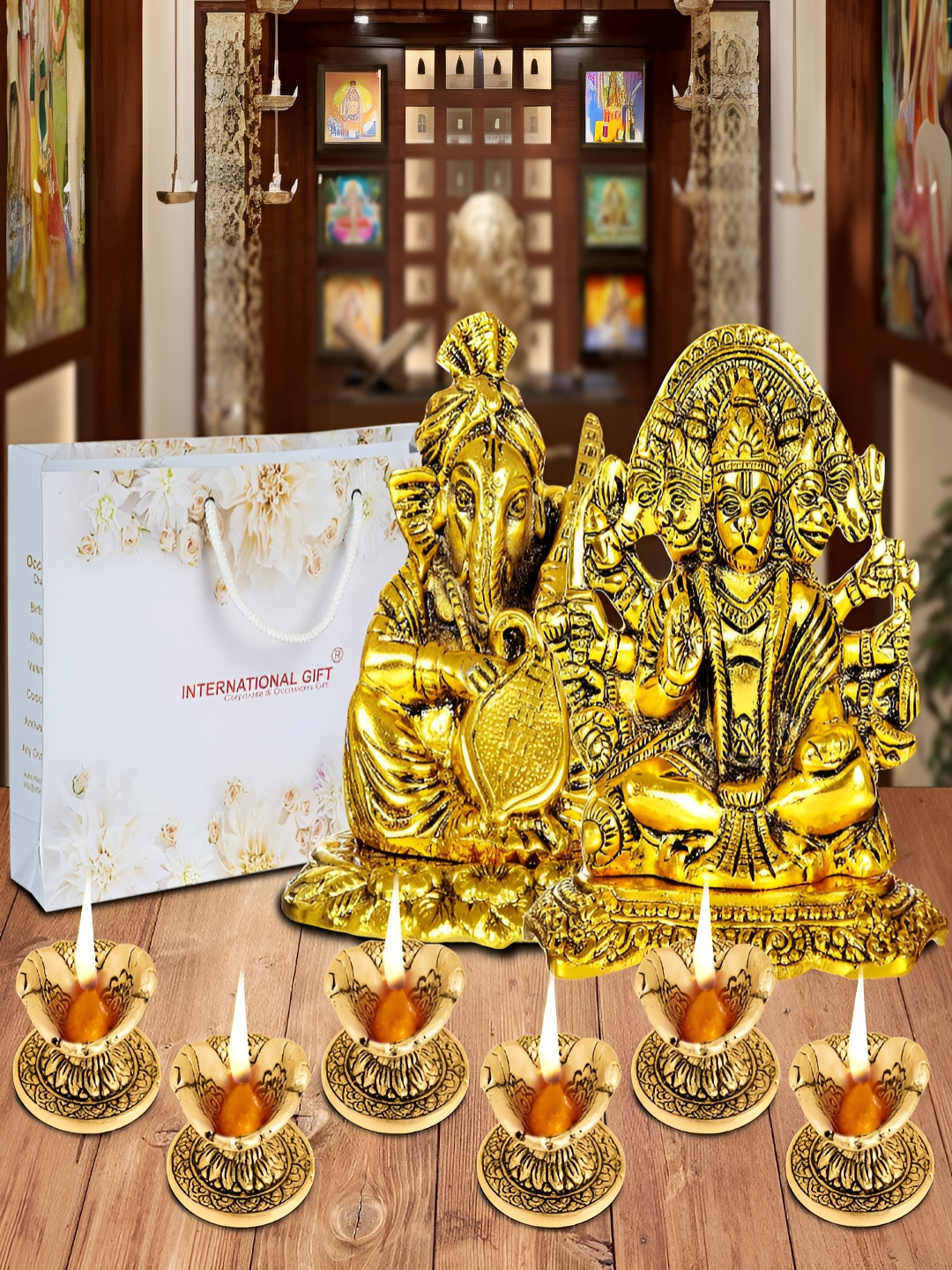 INTERNATIONAL GIFT GoldToned 7 Pcs Panchmukhi Hanuman Idol & Shree Ganesh Home Gift Sets