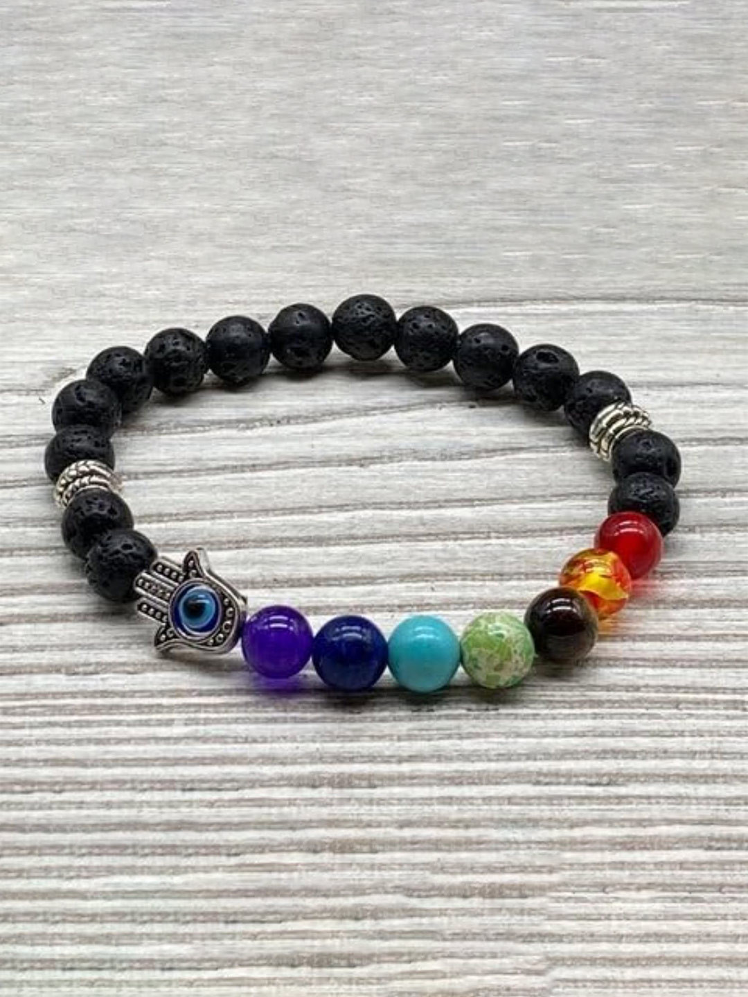 DN Creation Unisex Silver-Plated Evil Eye Chakra Hamsa Lava Stone Elasticated Bracelet