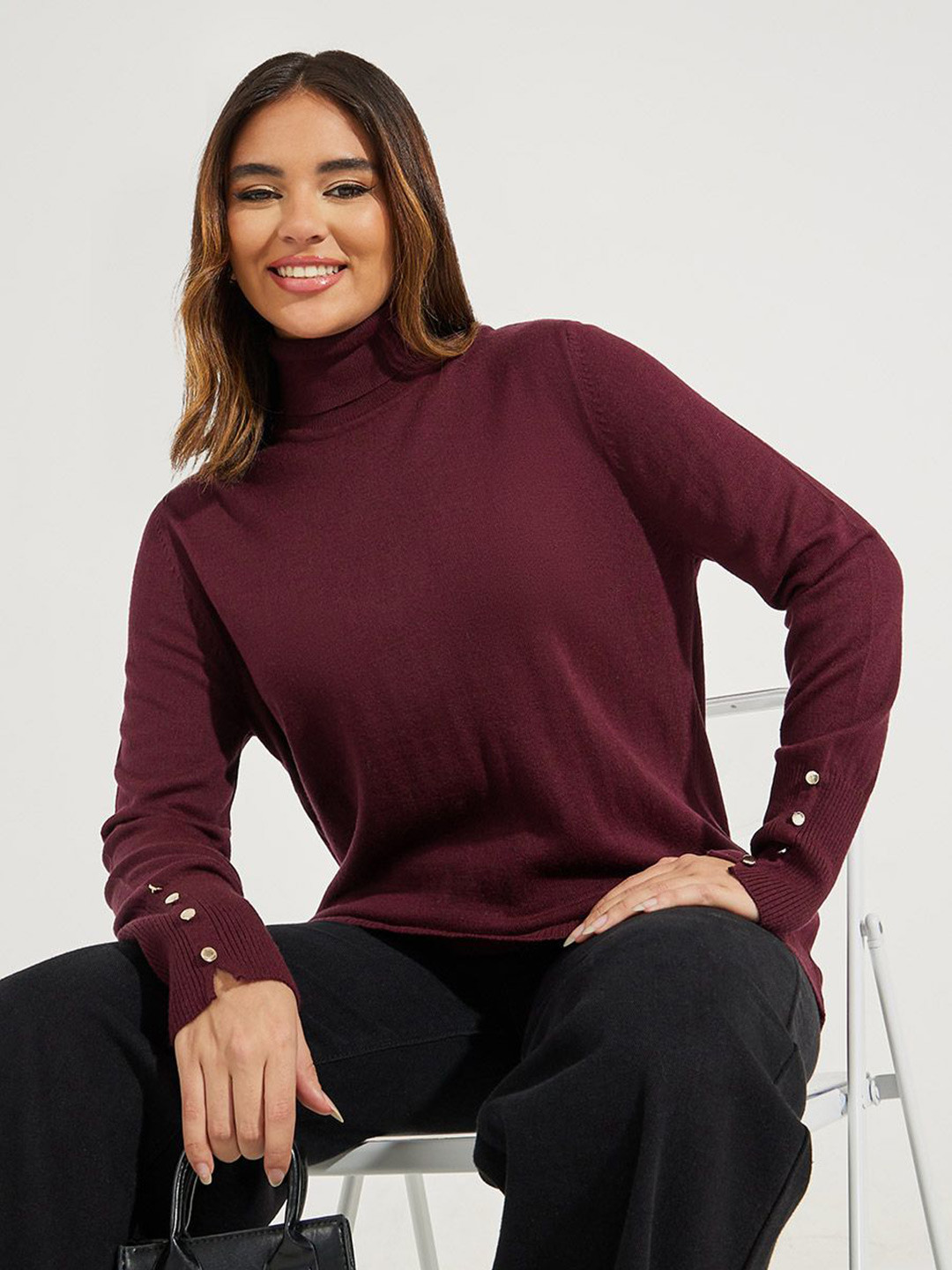 Styli Slim Fit Turtle Neck Sweater With Button Cuff Detail