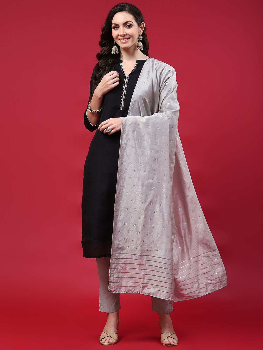 Shree Mandarin Collar Chanderi Silk Straight Kurta with Trousers & Dupatta