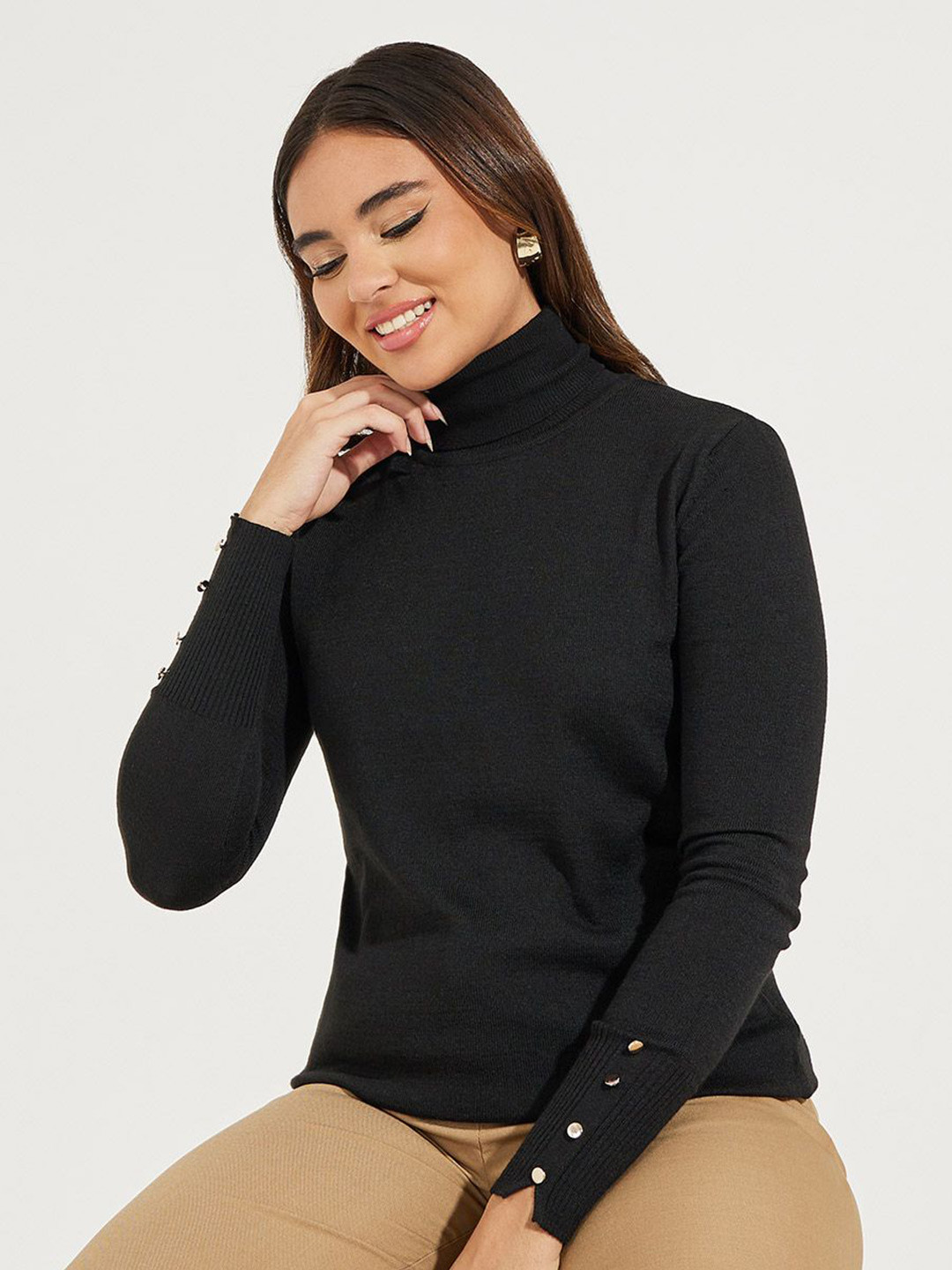 Styli Slim Fit Turtle Neck Sweater With Button Cuff Detail