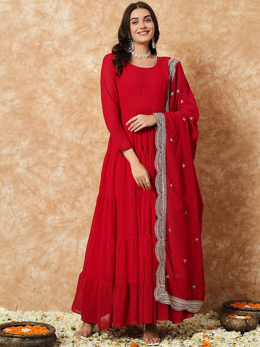 Ethnic Yard Solid Round Neck Tiered Mirror Work Kurta with Pyjamas & With Dupatta