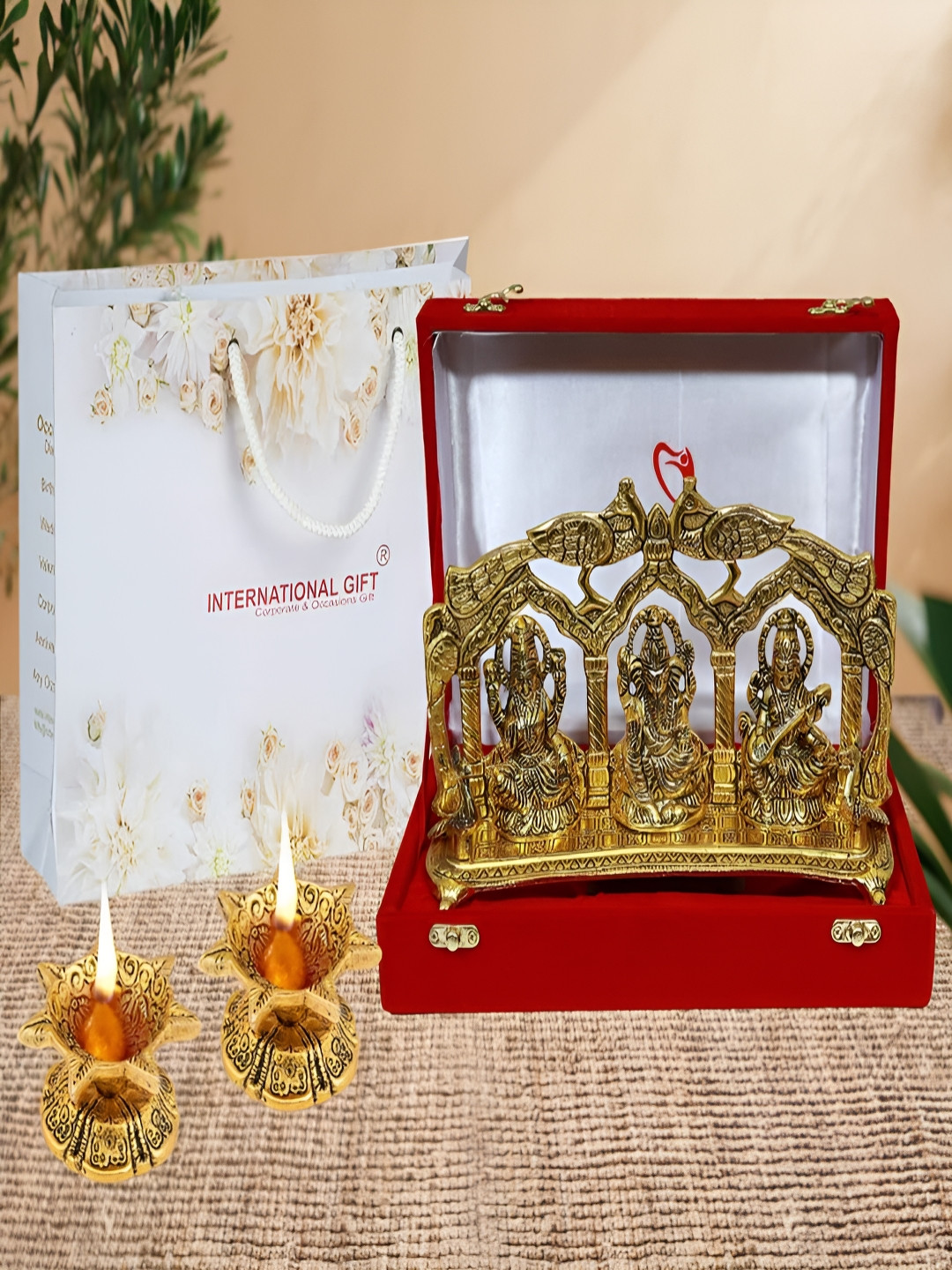 INTERNATIONAL GIFT Gold-Toned 3 Pieces Laxmi Ganesha Saraswati God Ido & Diya With Box