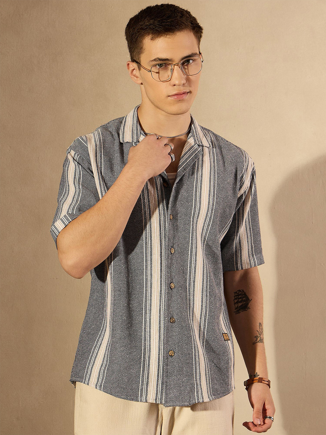 DENNISON Men Aspect Striped Oversized Cotton Shirt