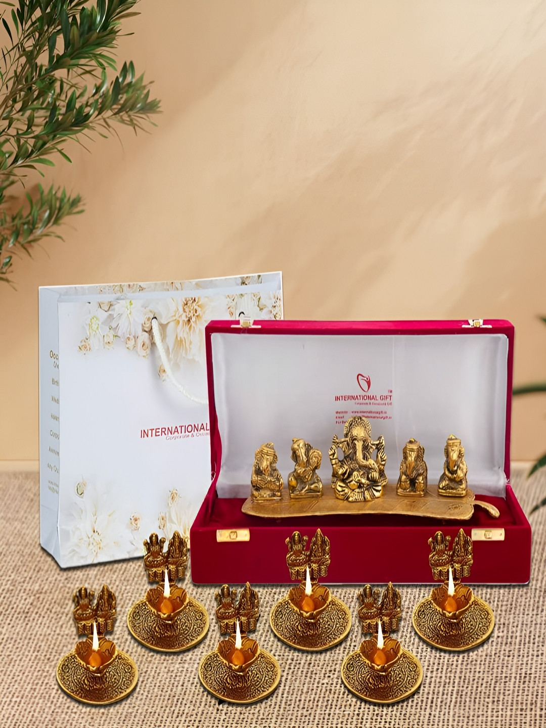 INTERNATIONAL GIFT GoldToned & Red 7 Pieces Musical Ganesha God Idol Home Gift Sets