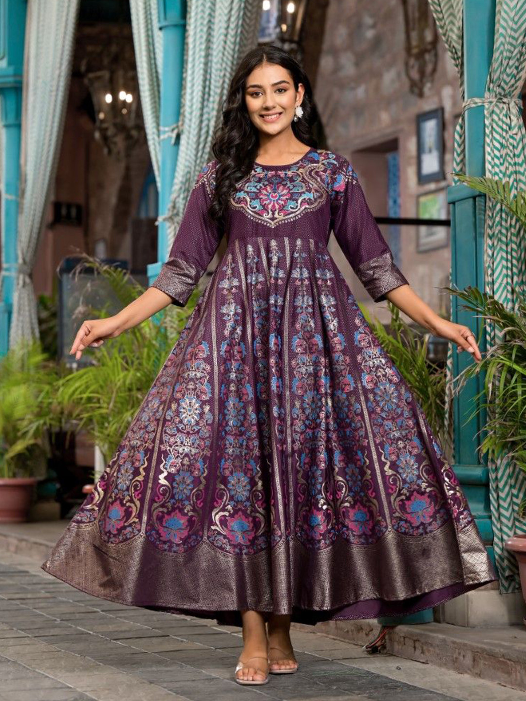 Juniper Ethnic Motifs Print Satin Fit & Flare Maxi Dress