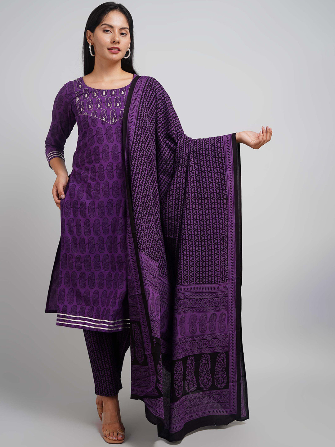 NAVGYA Paisley Printed Gotta Patti Organic Cotton Kurta with Trousers & Dupatta