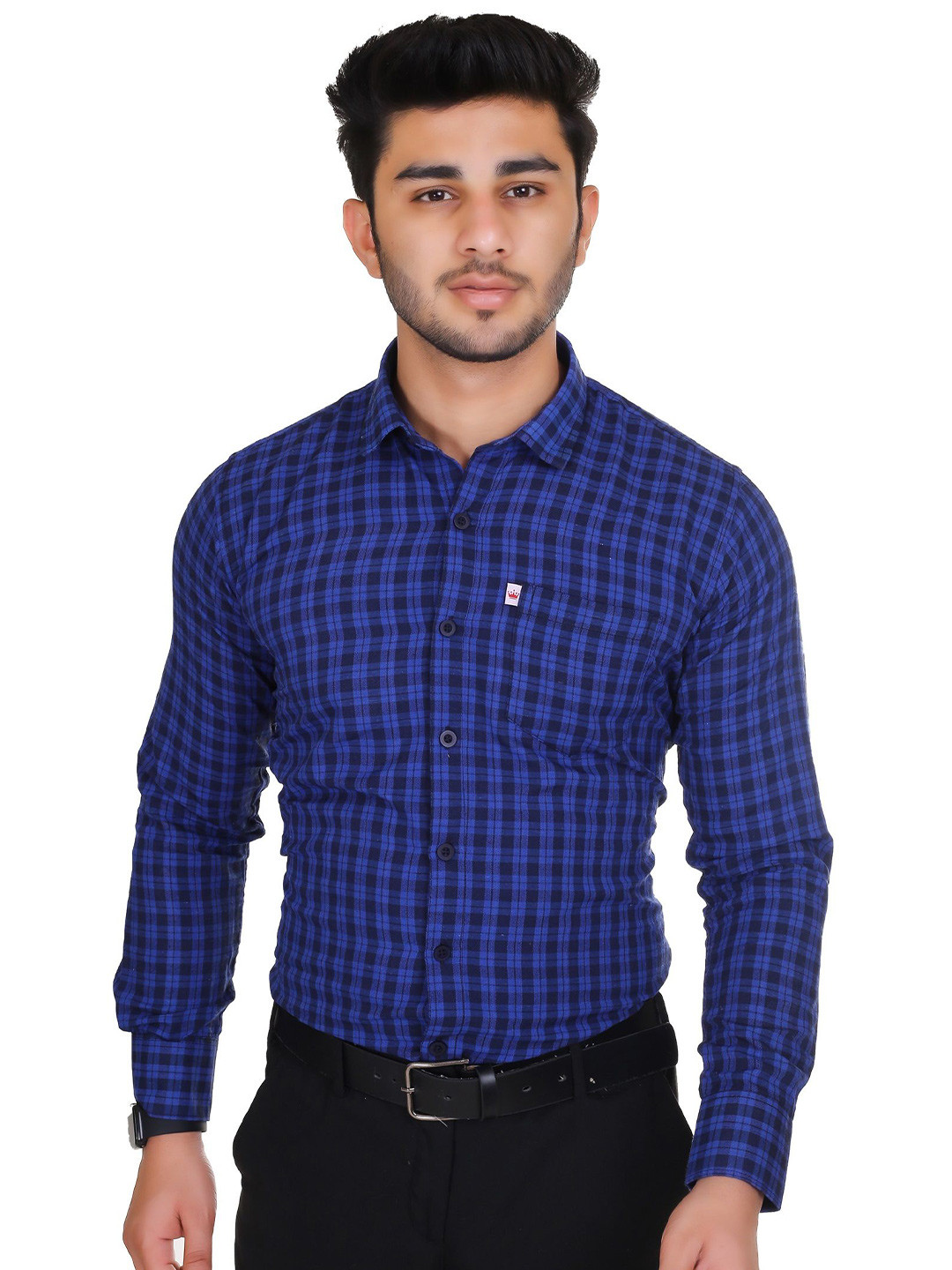 Marc Laurent Men Comfort Spread Collar Tartan Checked Cotton Casual Shirt