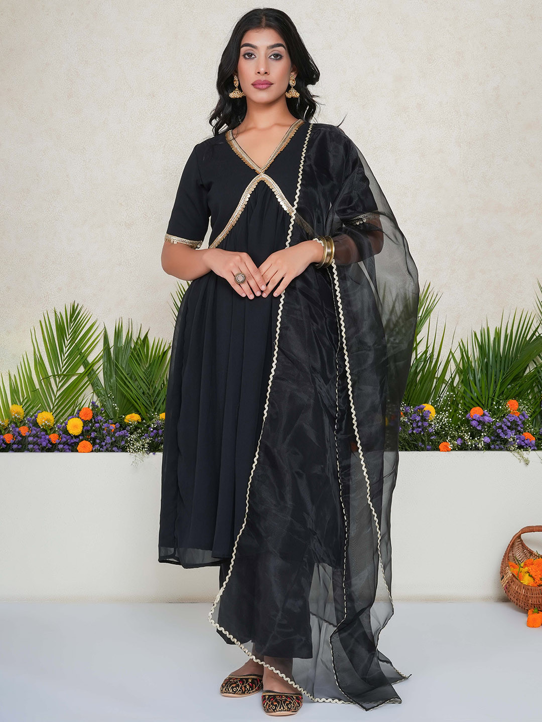 Salvia Sky Yoke Design Empire Mirror Work Anarkali Kurta with Trousers & Dupatta