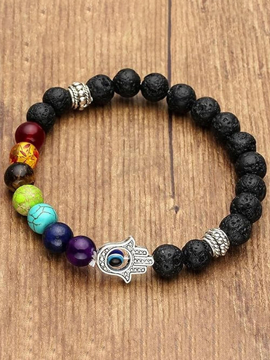 DN Creation Unisex Silver-Plated Evil Eye Chakra Hamsa Lava Stone Elasticated Bracelet