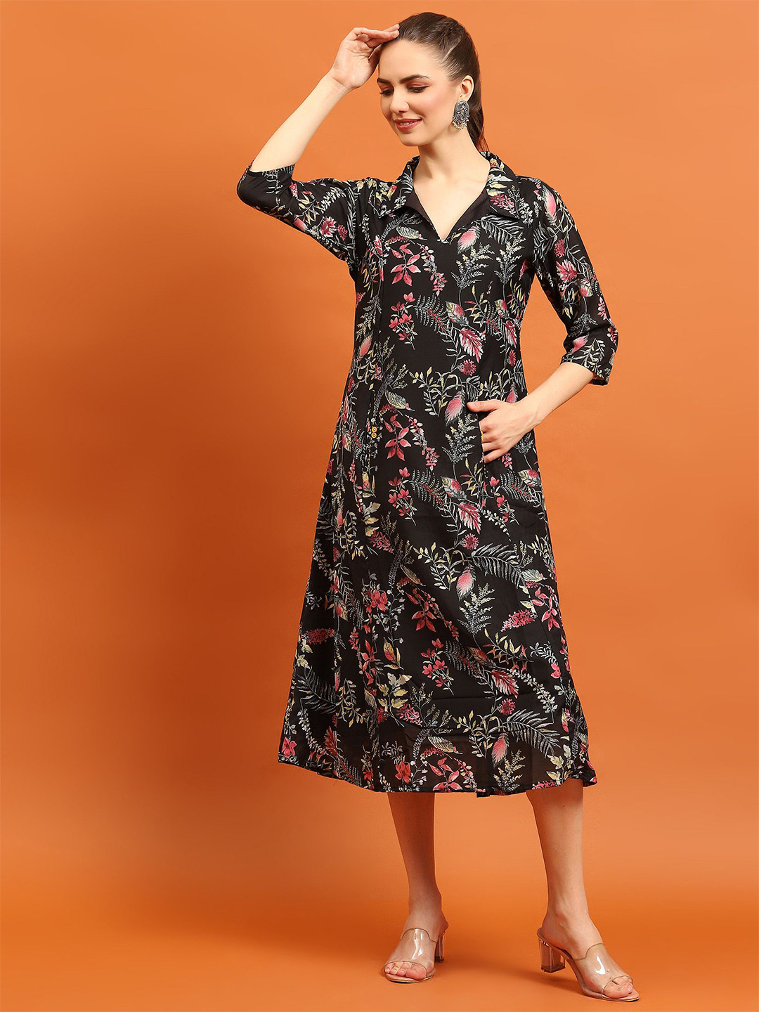 Shree Women Polyester Black Floral Print A-Line Maxi Dress