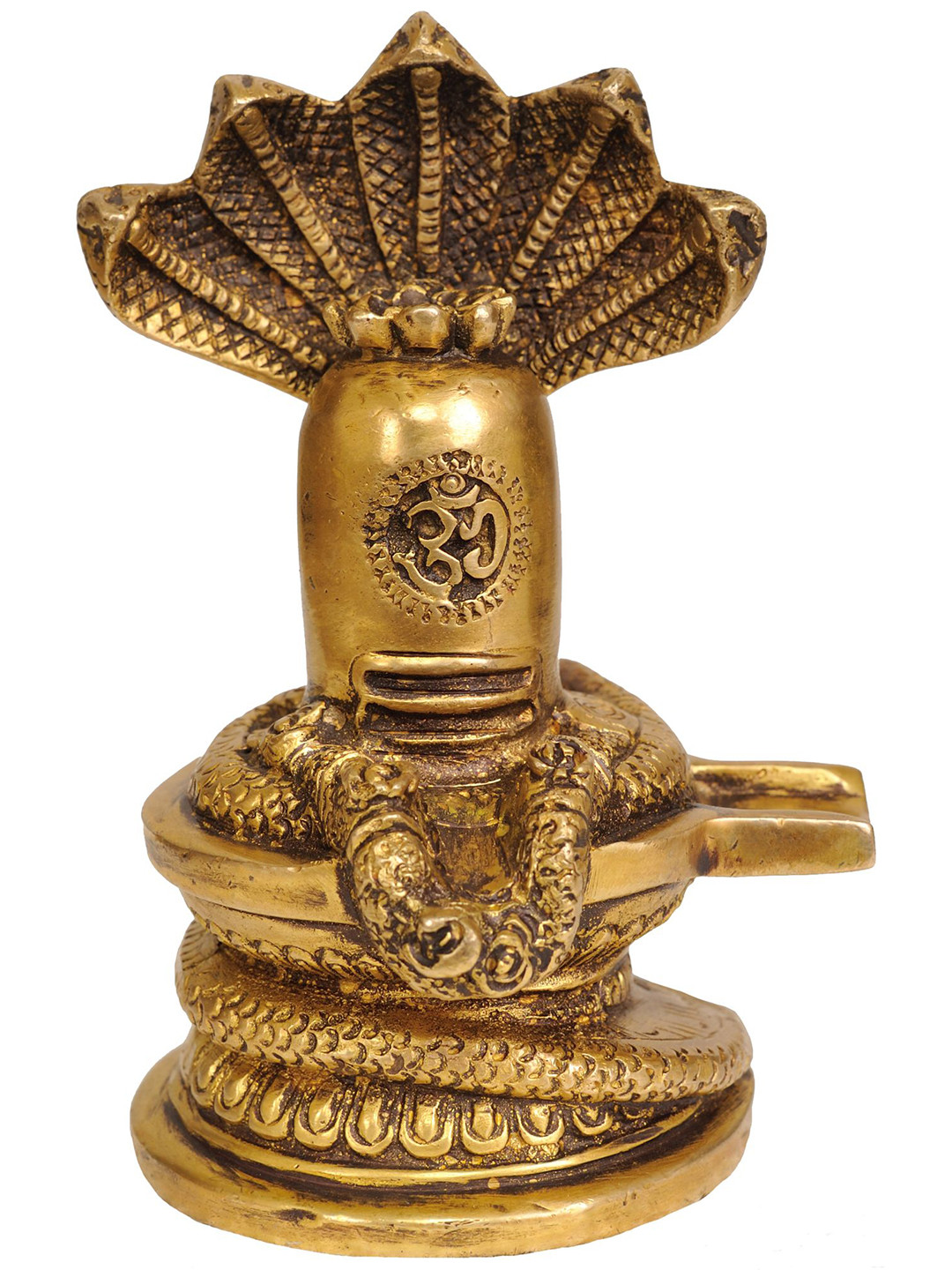Exotic India Shiva Linga Protected By Serpent, Marked with Om Gold Brass Metallic Prayer Room Small Showpiece - 6 Inches