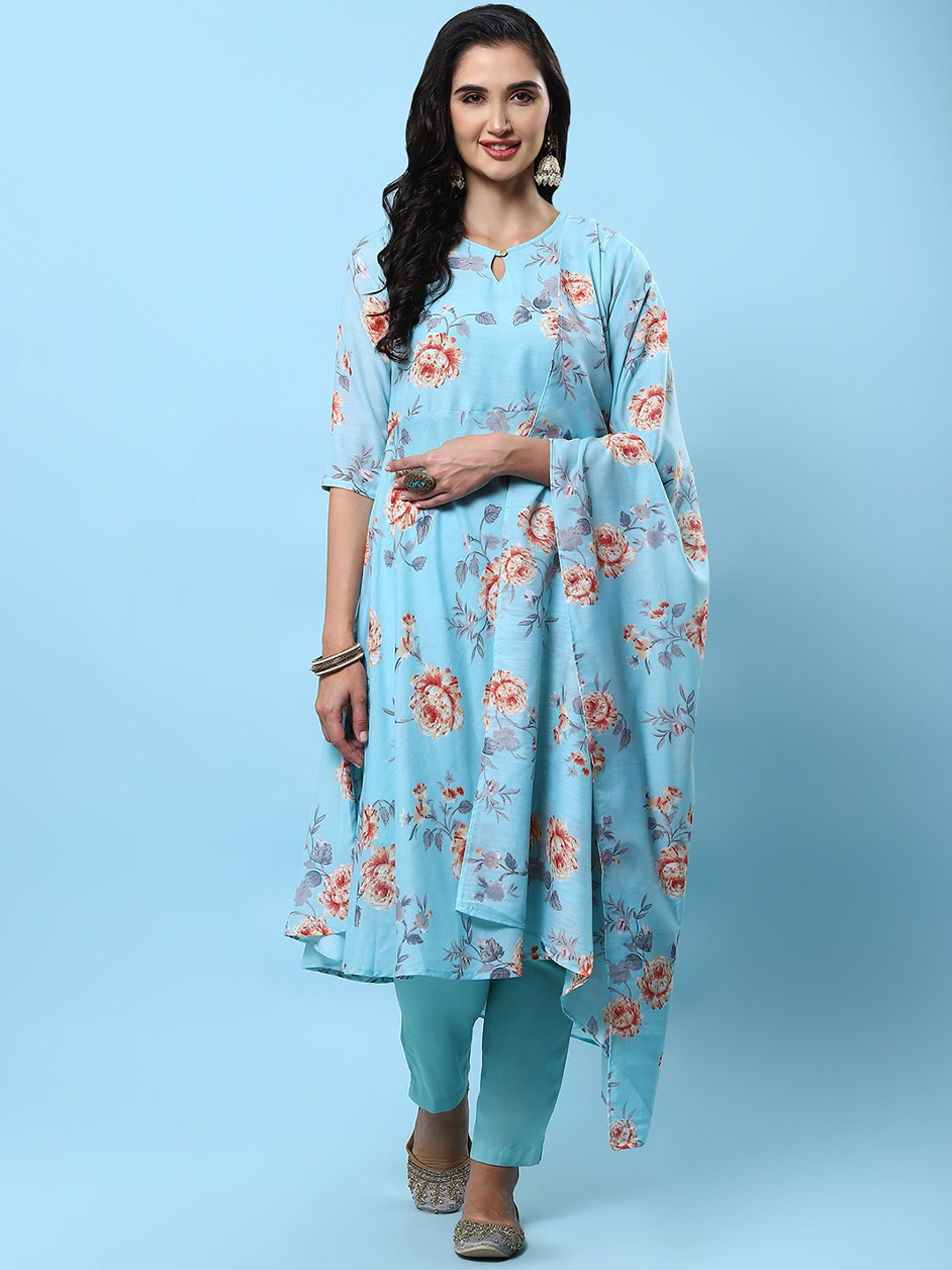 Shree Floral Printed Anarkali Kurta With Trousers & Dupatta