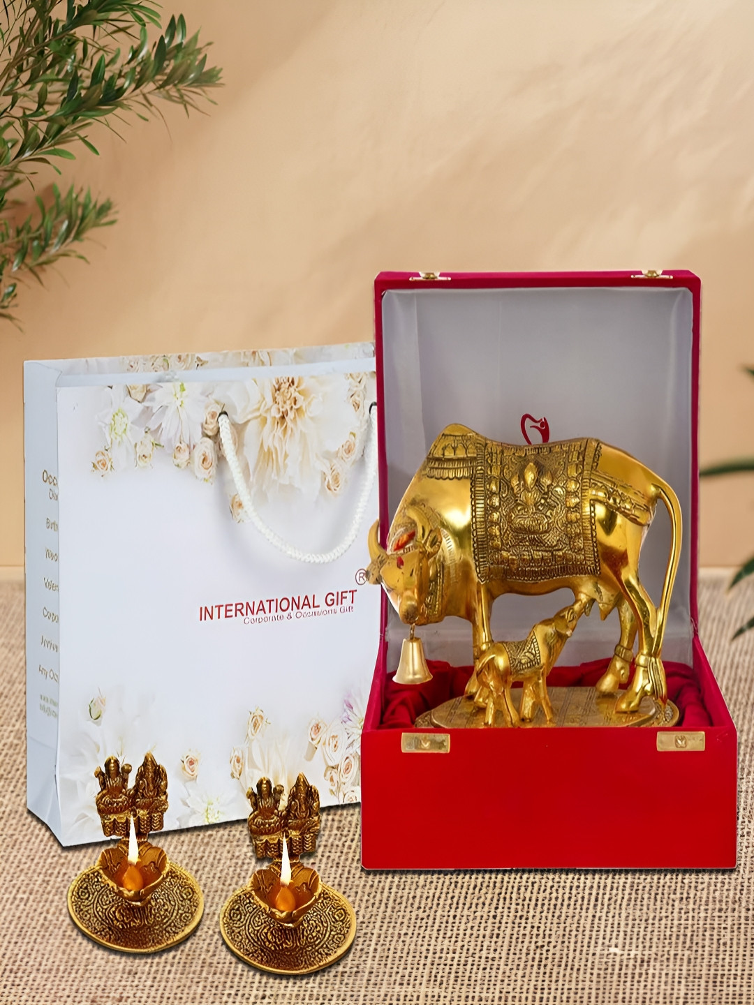 INTERNATIONAL GIFT 3 Pieces Gold-Toned Kamdhenu Cow and Calf Idol & Diyas With Box