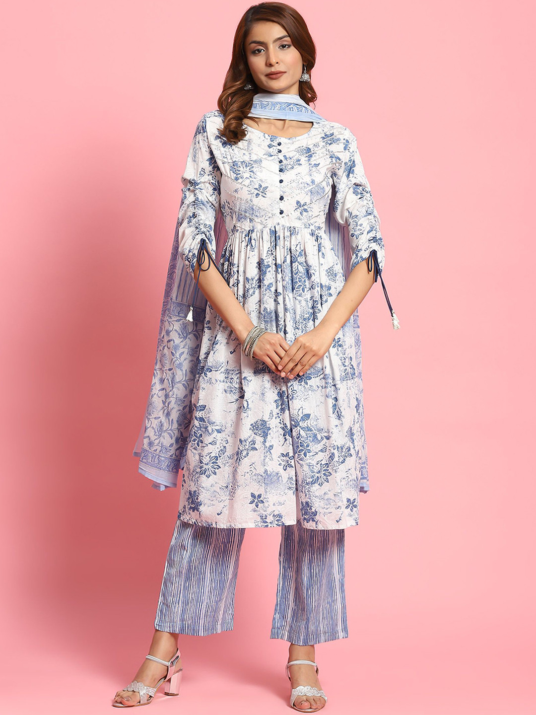 Shree Floral Printed Tiered Pure Cotton Kurta with Trousers & Dupatta