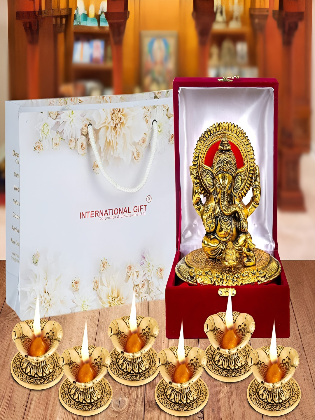 INTERNATIONAL GIFT 7 Pieces Gold-Toned Ganesha God Idol Showpiece & Diyas With Box