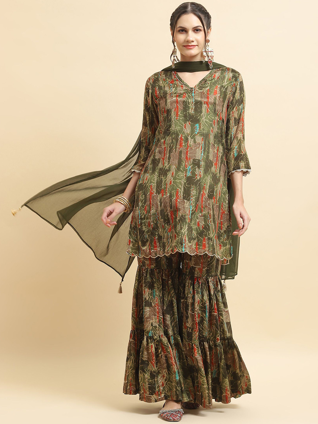 Shree Floral Printed Sequinned V-Neck Straight Kurta WithSharara & Dupatta