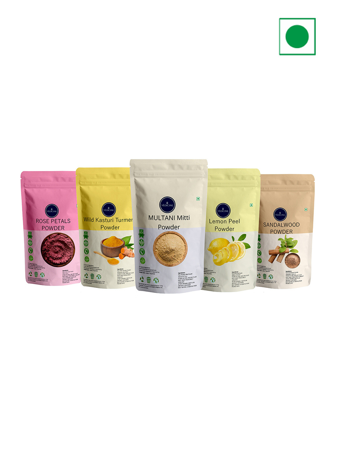 VEDICINE Set Of 5 Rose Petal Lemon Wild Turmeric Multani Mitti Sandalwood Pack-50g Each