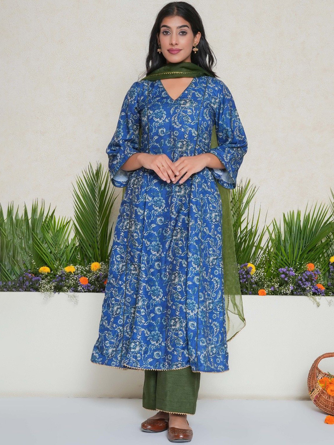 Salvia Sky Floral Printed Raw Silk A-Line Kurta With Trouser & Dupatta