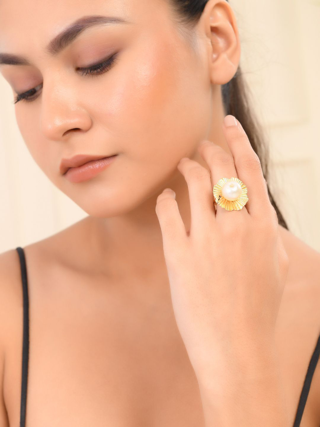 Silvermerc Designs Gold-Plated Pearl-Studded Adjustable Finger Ring