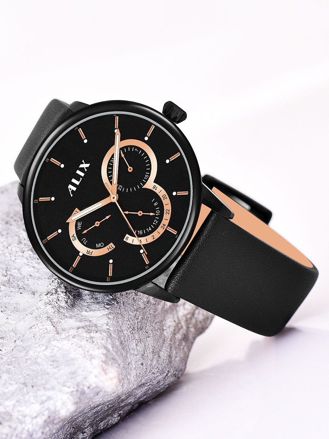 ALIX Men Brass Dial & Leather Straps Analogue Chronograph Watch AL3011 BLACK