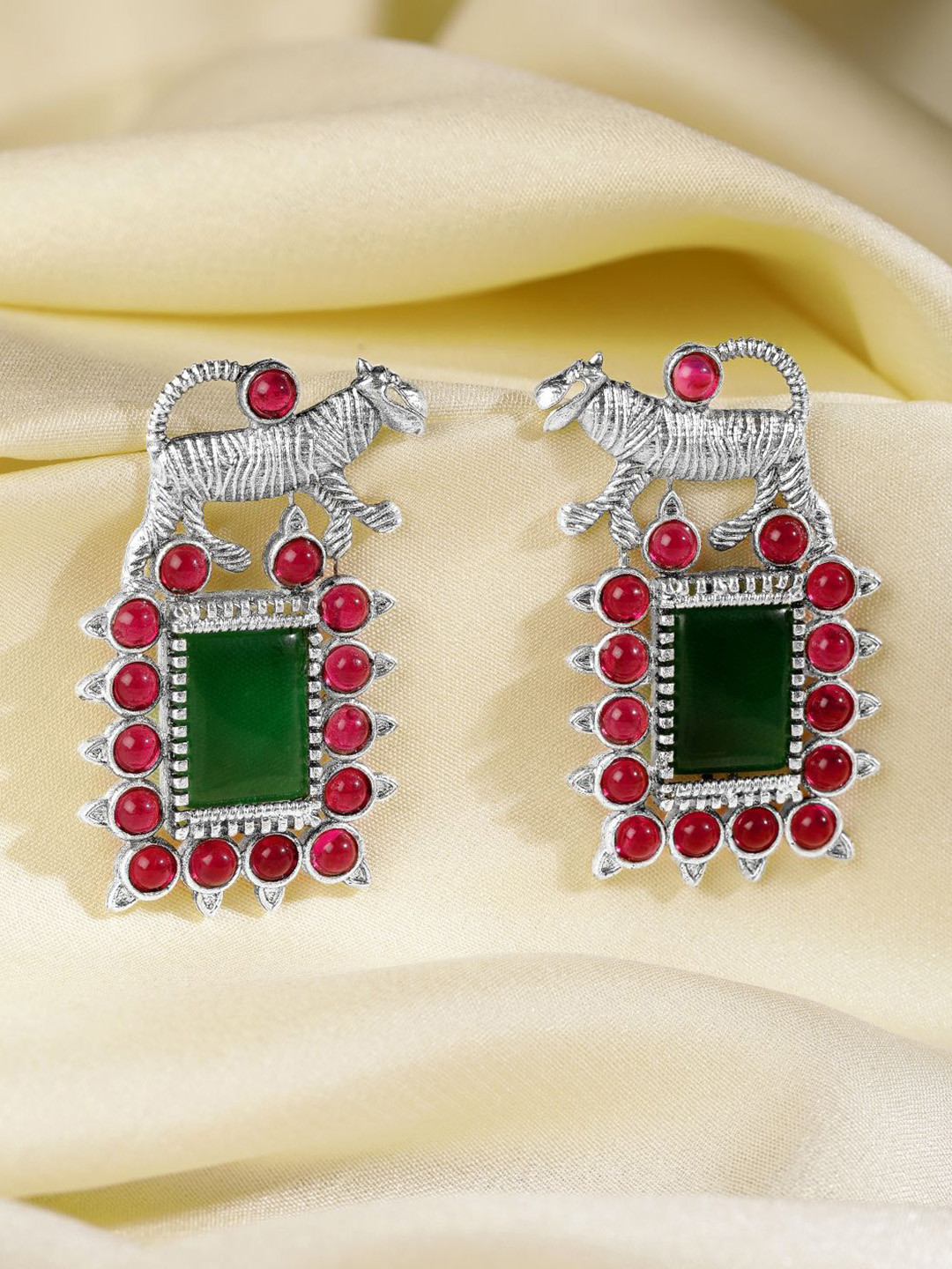 Rubans 22K Gold Plated Emerald & Ruby Zirconia Studded Tiger Motif Statement Drop Earring