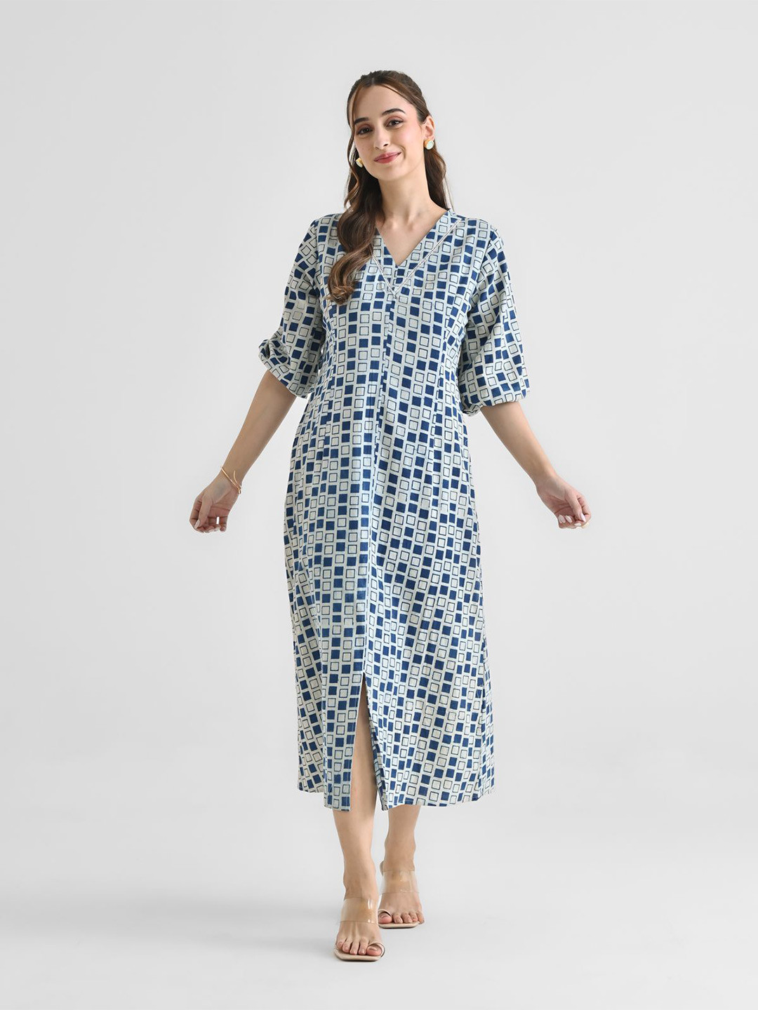 Rustorange Women Floral Print Indigo Printed Cotton Puff Sleeves A-Line Midi Dress