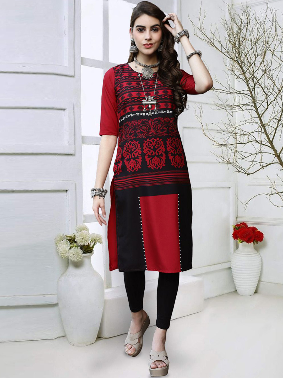 7Threads Crepe Ethnic Motif Digital Printed Round Neck Regular Sleeves  Straight Kurta
