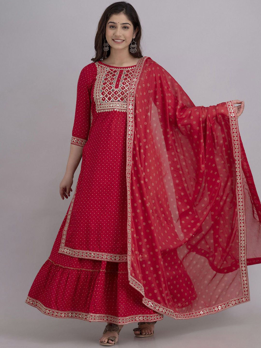 SHOOLIN Bandhani Printed Mirror Work Pure Cotton Kurta with Sharara & Dupatta