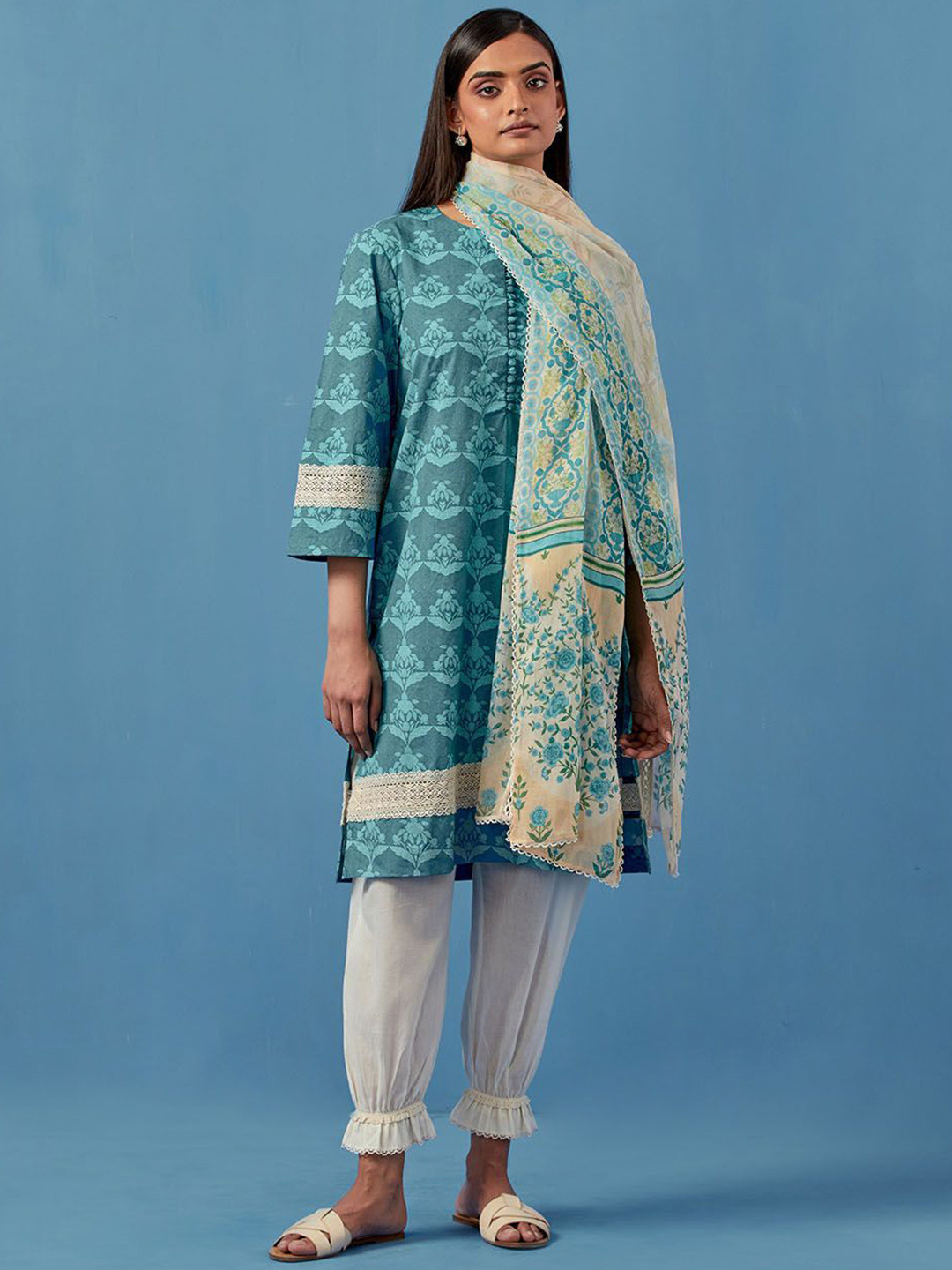 Sage Saga Floral Printed Pure Cotton Straight Kurta & Salwar With Dupatta