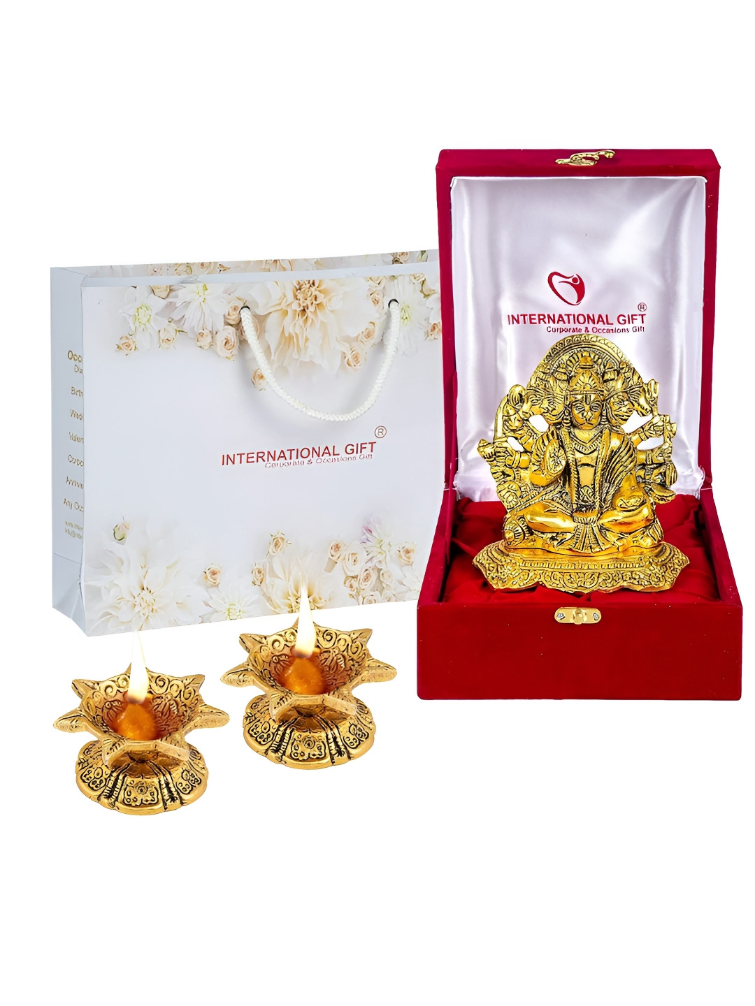 INTERNATIONAL GIFT 3 Pieces Gold-Toned Panchmukhi Hanuman Idol & Diyas With Box