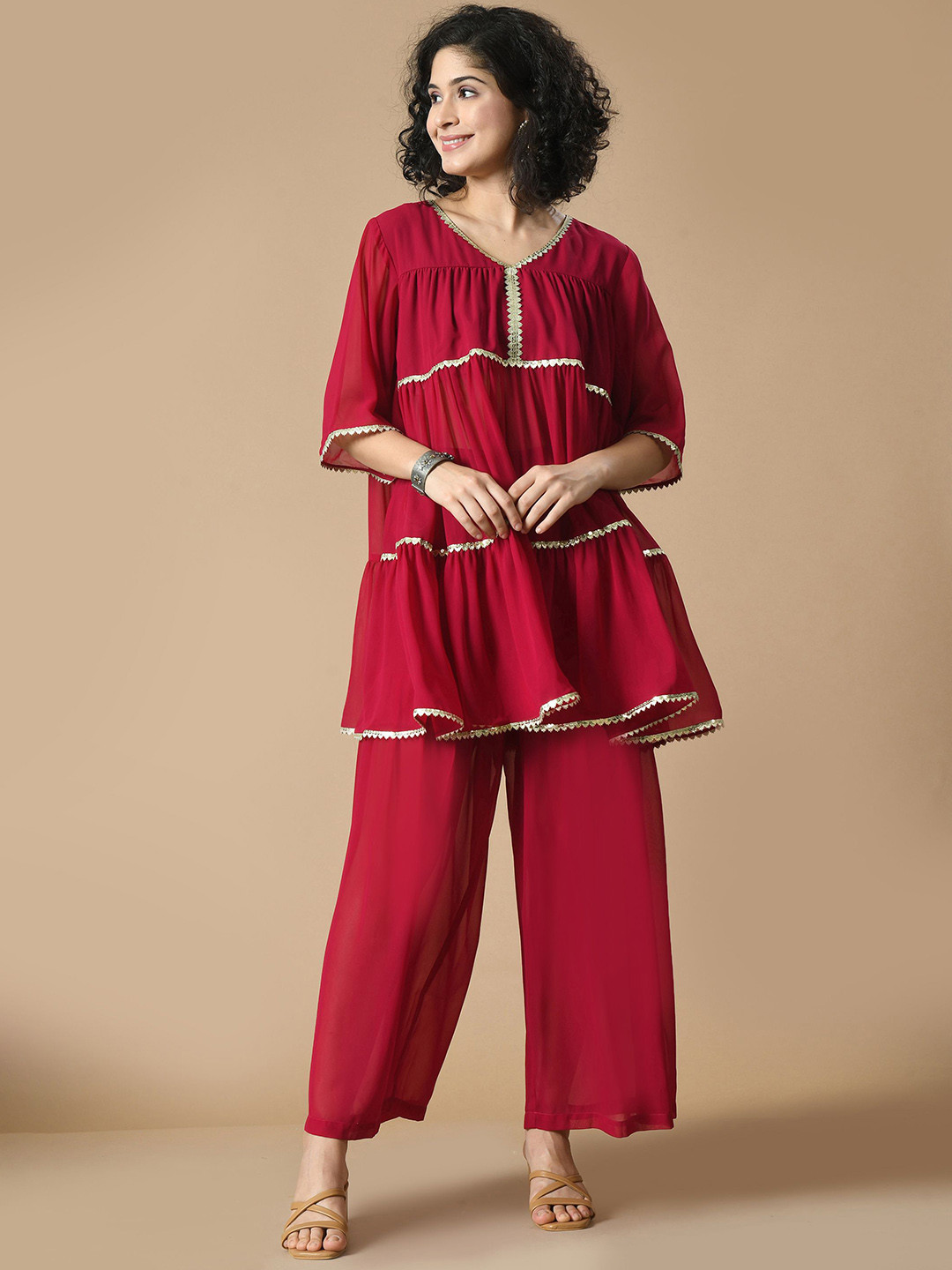 Sangria Red V-Neck Georgette Short Anarkali Kurta with Sharara
