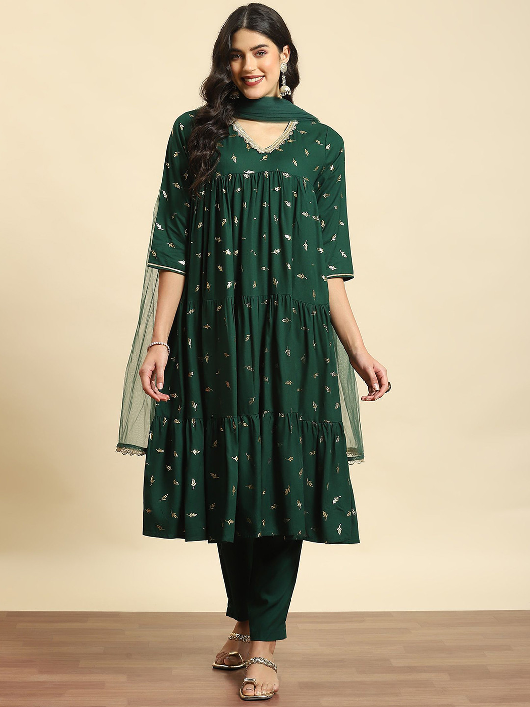 Shree Floral Printed Tiered Kurta with Trousers & Dupatta