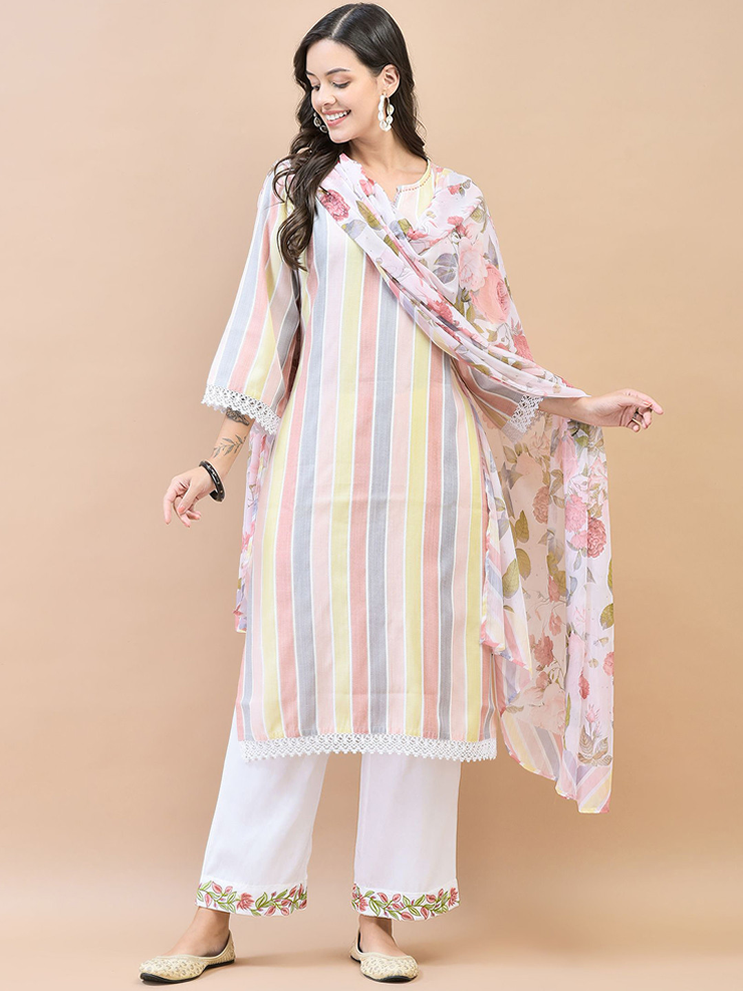 Shree Striped Regular Straight Kurta with Trousers & Dupatta